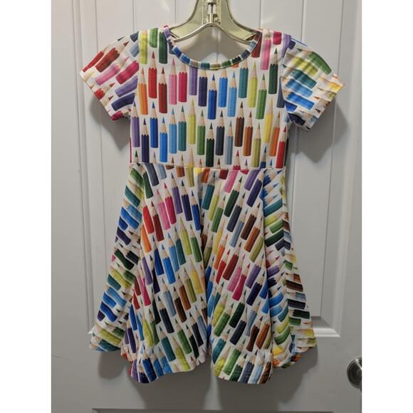 Polyester Rainbow Pencil Print Cap Sleeves Twirl Dress Girls L School - Picture 1 of 6
